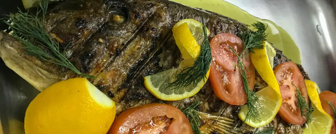 fish grilled tsipoura with tomato and lemon